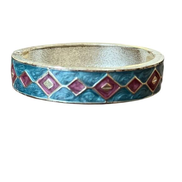 Vintage Western Style Cloisonne Bracelet Spring Clasp Silver Tone - Picture 2 of 4